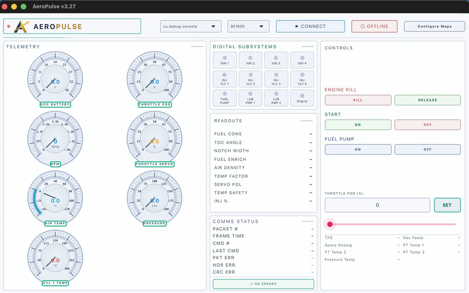 AeroPulse control and calibration software showing live engine telemetry